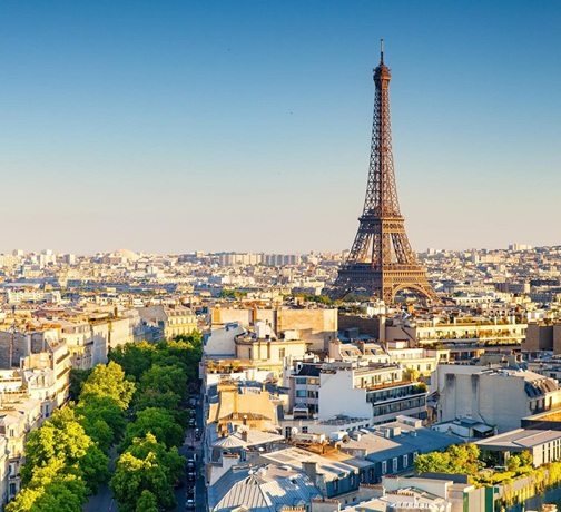 An aerial view of Paris and the Eiffel Tower.